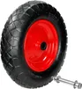A close-up studio shot of a wheel with a red rim and a black tire, next to a metal axle. Podgląd zdjęcia produktu