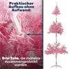 Close-up of a pink artificial Christmas tree branch with a connector piece, and a diagram showing the assembly of a pink artificial Christmas tree in three parts. Produktbild-Vorschau