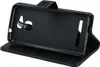 A black leather wallet-style phone case is shown open, revealing the inner compartment for a phone. Podgląd zdjęcia produktu
