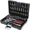 A black toolbox containing a set of tools, including sockets, a ratchet, and various bits. Produktbild-Vorschau