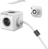 A white power cube with multiple outlets is shown connected to a white cable. A separate white mounting bracket is also visible. Produktbild-Vorschau