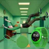 A person is floating in a hallway with lockers, with a smartwatch and a round case in the foreground. Produktbild-Vorschau