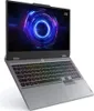 A gray Lenovo LOQ laptop is shown at an angle, open with the screen displaying a colorful, abstract graphic. The keyboard has RGB backlighting. Produktbild-Vorschau