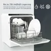 A white mini dishwasher is open, showing dishes inside. The background is split between white and dark gray, with icons and text on the dark gray side. Produktbild-Vorschau