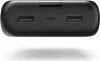 The top view of a black power bank with two USB-A ports and one USB-C port. Voir les images du produit