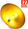 A close-up of a golden pendant light fixture with an E27 socket and a visible light bulb filament. Text overlays provide product information. Produktbild-Vorschau