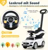 A marketing image showing a white Mercedes-Benz ride-on car for children, with close-ups of the steering wheel and musical notes indicating sound features. Produktbild-Vorschau