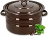 A brown enamel pot with a lid sits on a white background, with a sprig of parsley and peppercorns in the foreground. Produktbild-Vorschau