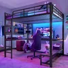 A modern bedroom setup with a loft bed, desk, and gaming chair, illuminated by colorful LED lights. Podgląd zdjęcia produktu