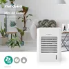 A white mini air cooler is shown in a lifestyle setting with plants and furniture, along with promotional icons. Produktbild-Vorschau