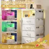 A white dresser with drawers and side pockets, illuminated by colorful LED lights, with inset images showing different light color options. Produktbild-Vorschau