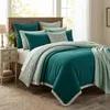 Inspiration Beispiel für DIY Bettwäsche aus Musselin Meterware: Gemütliches Schlafzimmer mit Decken und Kissen aus Double Gauze Stoff in Petrol und Seegrün. Produktbild-Vorschau