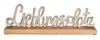 A silver-colored metal word art spelling 'Lieblingsplatz' (German for 'favorite place') is mounted on a wooden base. Produktbild-Vorschau
