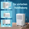 A white dehumidifier is shown with callouts highlighting its features like a washable filter, handle, and transport wheels. Dimensions are also indicated. Produktbild-Vorschau