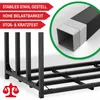 A close-up view of a black metal firewood rack with text overlays highlighting its features. A magnified view of the metal tubing is shown in a green circle. Produktbild-Vorschau
