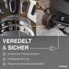 Collage showing close-ups of a heater's metallic parts and a wheel, with marketing text and icons. Produktbild-Vorschau