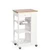 A white kitchen cart with a bamboo top, shown against a white background. Produktbild-Vorschau
