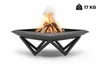 A black metal fire pit with burning logs and smoke, set against a white background. Produktbild-Vorschau