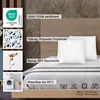 A bed with pillows and a blanket, with various product feature callouts. Produktbild-Vorschau