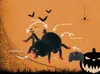 A Halloween-themed illustration featuring a remote-controlled spider toy, bats, a spider web, a remote control, and a jack-o'-lantern. Arrows and text highlight the spider's features. Produktbild-Vorschau