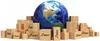 A globe is surrounded by cardboard boxes, suggesting global shipping or distribution. Produktbild-Vorschau
