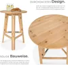 A round wooden bar table with two pitchers of drinks and a plate of pretzels on top, shown from two different angles with descriptive text. Produktbild-Vorschau