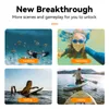 Collage of four images showing people engaged in water sports: snorkeling, swimming, surfing, and rowing. Each image has a text overlay indicating the activity. Produktbild-Vorschau