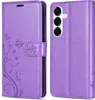 A purple flip case for a Samsung Galaxy S25 phone is shown from the front and back. Produktbild-Vorschau