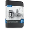 A closed black pencil case with a drawing of a building on the front. Podgląd zdjęcia produktu