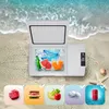 A portable refrigerator is open and filled with ice, drinks, and fruit, sitting on a sandy beach next to the ocean. Below the refrigerator are icons representing different food items. Náhled obrázku produktu