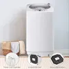 A white washing machine is shown in a room with a laundry basket next to it. Several close-up insets highlight features of the washing machine. Produktbild-Vorschau