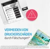 A printer with a document and a warning symbol, with marketing text below. Produktbild-Vorschau