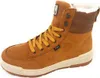 A single brown leather boot with yellow laces and white trim, shown against a white background. Voir les images du produit