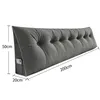 A gray wedge-shaped pillow with button tufting, shown with dimensions indicated by lines and text. Produktbild-Vorschau