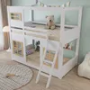 A white bunk bed with natural wood accents, decorated with stuffed animals and a rug, in a child's bedroom. Anteprima dell’immagine prodotto