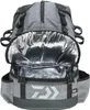 A close-up, front view of a gray fishing backpack with its main compartment open, revealing a silver insulated interior. Anteprima dell’immagine prodotto