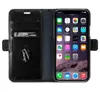 A black leather flip case for an iPhone is shown open, revealing the phone and card slots. Voir les images du produit