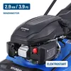 Close-up of a Hyundai lawnmower engine with text overlays highlighting features. Produktbild-Vorschau
