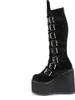 A single black velvet platform boot with multiple buckles, shown from the side against a white background. Náhľad obrázku produktu