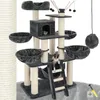 A multi-level cat tree with various platforms, scratching posts, and hanging toys, featuring two cats. Náhled obrázku produktu