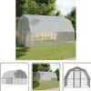 A collage of images showing a large chicken coop with a gray roof and mesh sides, set in a grassy outdoor environment. The collage includes a main image of the coop and three smaller inset images showing different angles and perspectives of the same coop. Produktbild-Vorschau