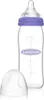 A clear studio shot of a glass baby bottle with a purple ring and a clear cap. Podgląd zdjęcia produktu