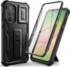 A black phone case with a built-in stand and a separate screen protector is shown against a white background. The phone case is on the left, and the screen protector is shown being placed onto a phone on the right. Náhľad obrázku produktu