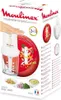 The image shows the packaging of a Moulinex mini chopper, with a hand pressing down on the product and illustrations of ingredients being chopped. Produktbild-Vorschau