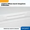 Close-up of a white freezer drawer handle with text overlay. Produktbild-Vorschau