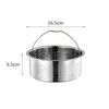 A stainless steel steamer basket with a handle, shown on a white background with dimensions indicated. Produktbild-Vorschau