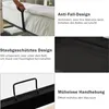 Collage of images showing different features of a bed frame, including a mattress strap, a close-up of the bed frame material, and a handle for lifting storage. Produktbild-Vorschau