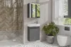 A modern bathroom with a wall-mounted vanity, toilet, and shower. Náhled obrázku produktu