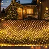 A house decorated with Christmas lights and trees at dusk.