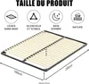 A product image showing a bed frame with slats, along with icons and text describing its features and dimensions. Voir les images du produit